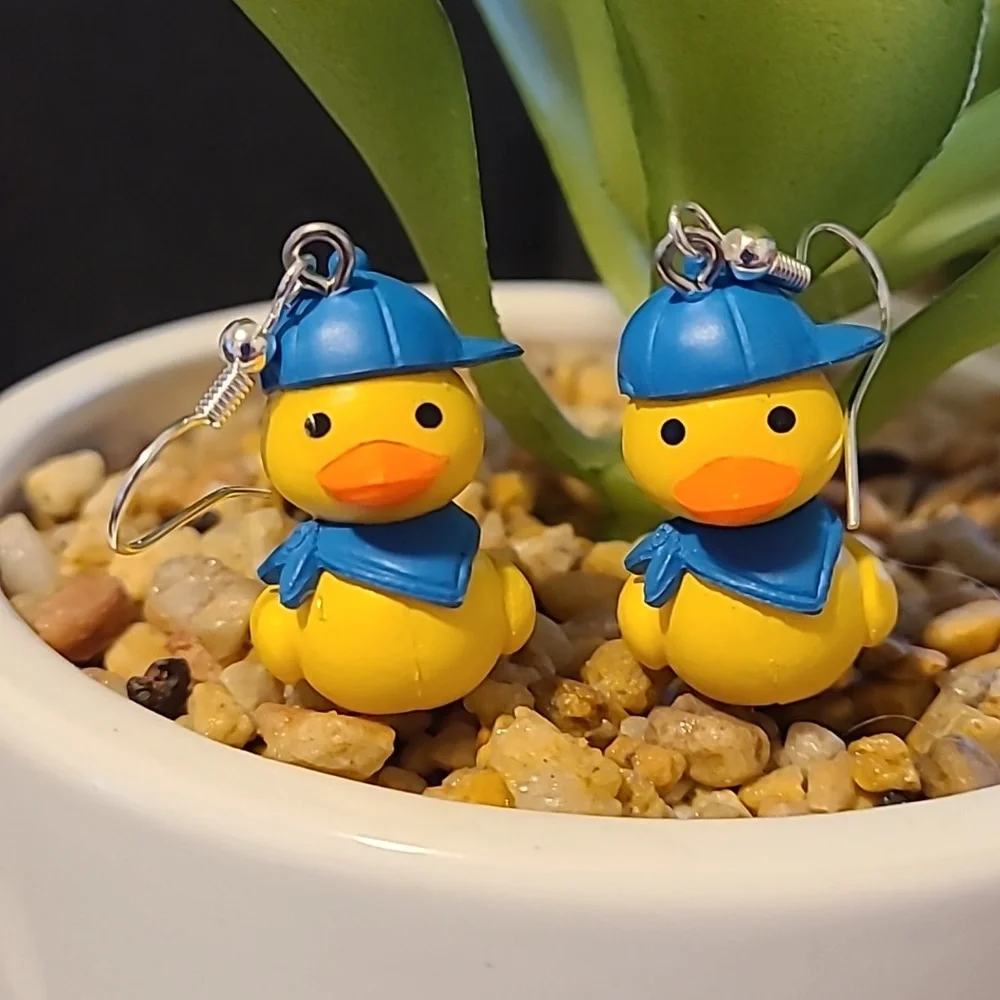 Duck Earrings with Blue Hat Novelty Fun Quirky Cute Dangle Drop - Picture 1 of 6